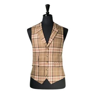 Mens 42R Wool Vest Beige Brown Red Plaid Waistcoat Wedding Party Formal Casual